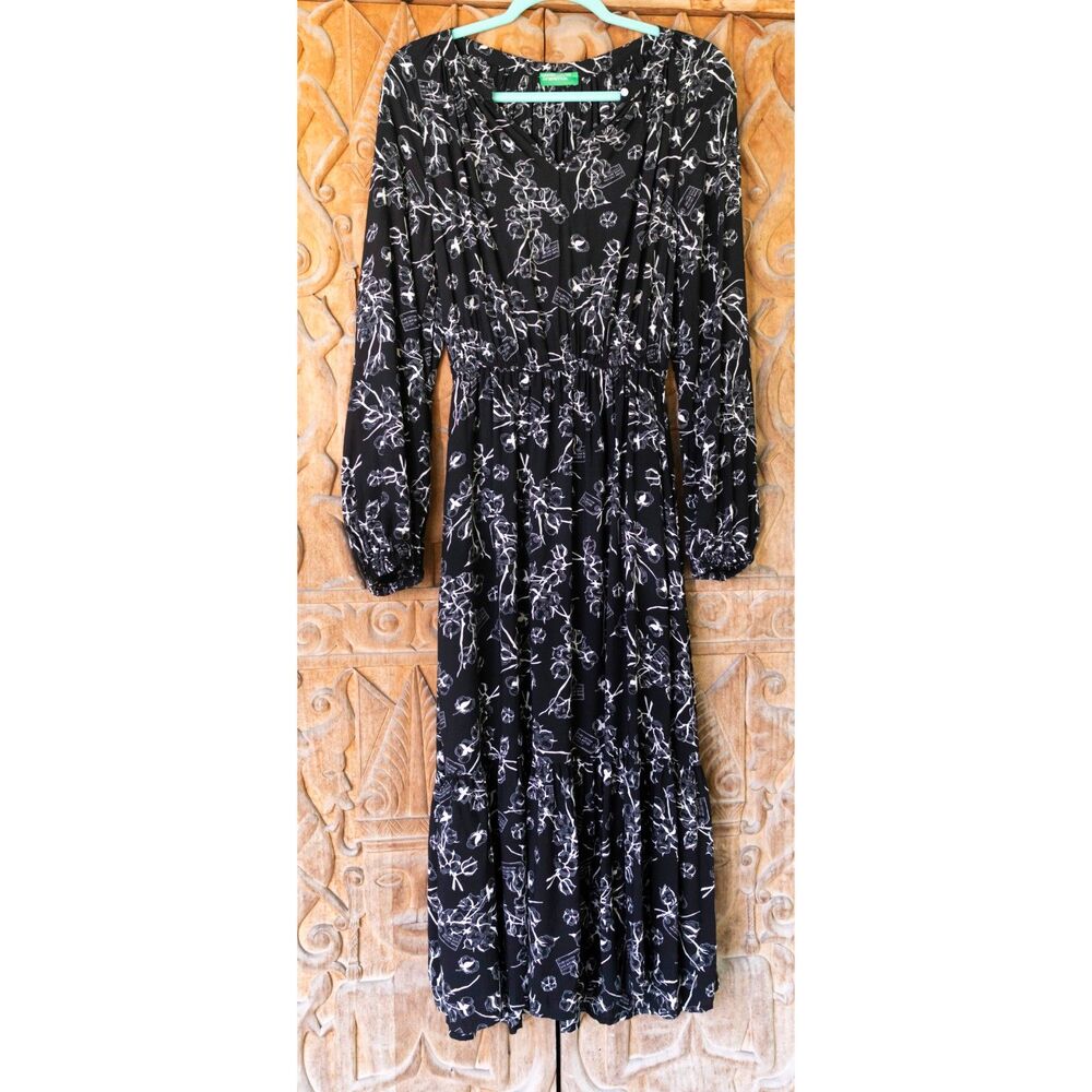 United Colors of Benetton Cotton Print Black Long Sleeve Maxi Dress Size Small